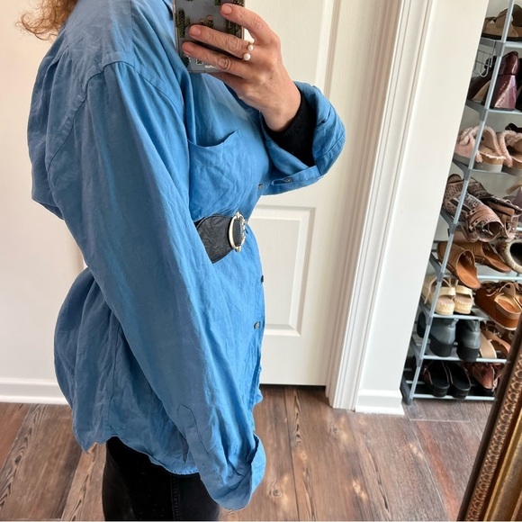 Blue pure linen button down shirt Joseph and Lyman Italian linen size large - Picture 5 of 10